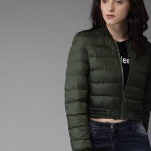 HERENOW Women Olive Green Solid Puffer Jacket