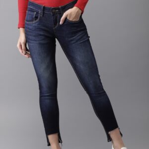 HERENOW Women Blue Skinny Fit Mid-Rise Clean Look Stretchable Cropped Jeans