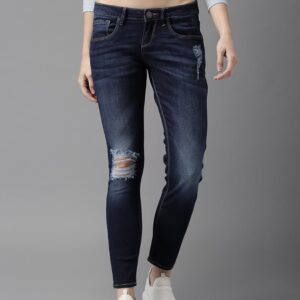 HERENOW Women Cropped Mid-Rise Skinny Fit Blue Low Distress Stretchable Jeans