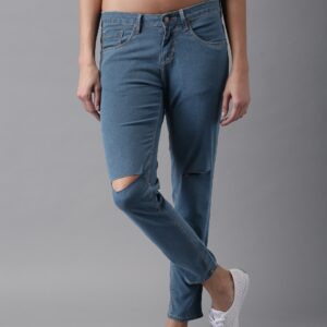 HERENOW Women Blue Skinny Fit Mid-Rise Cropped Slash Knee Stretchable Jeans