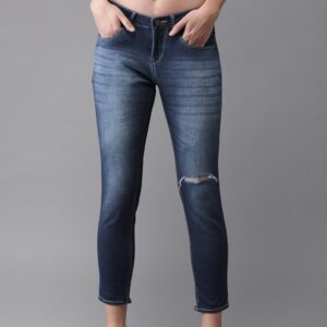 HERENOW Women Blue Skinny Fit Mid-Rise Slash Knee Stretchable Cropped Jeans