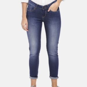 HERENOW Women Blue Skinny Fit Mid-Rise Clean Look Stretchable Cropped Jeans