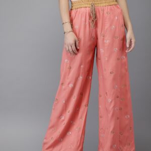 HERENOW Women Peach-Coloured Printed Wide Leg Palazzos