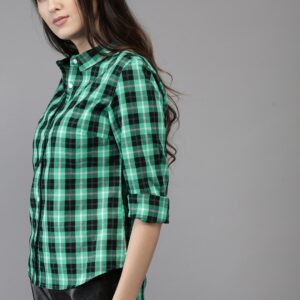 HERENOW Women Torquoise Blue  Black Regular Fit Checked Casual High-Low Shirt