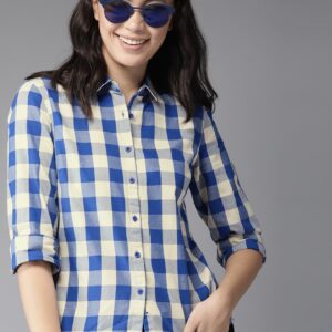 HERENOW Women Blue  Cream-Co loured Regular Fit Checked Casual Shirt