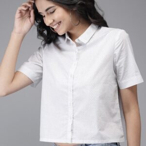 HERENOW Women White Regular Fit Printed Cropped Casual Shirt