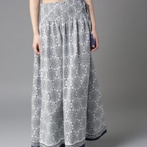 HERENOW Women Off-White  Blue Printed Maxi Flared Skirt