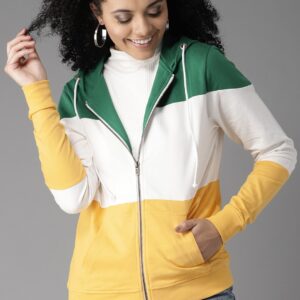 HERENOW Women Yellow  White Colourblocked Hooded Sweatshirt