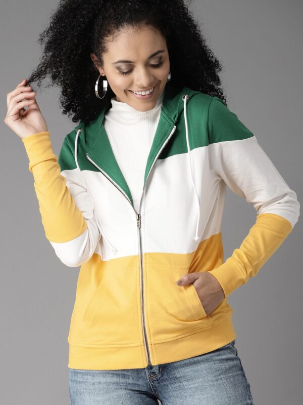 HERENOW Women Yellow  White Colourblocked Hooded Sweatshirt