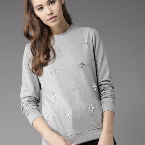 HERENOW Women Grey Melange Embellished Sweatshirt