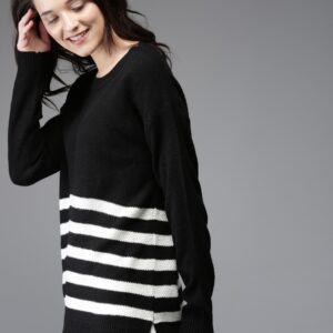 HERENOW Women Black  White Striped Pullover Sweater