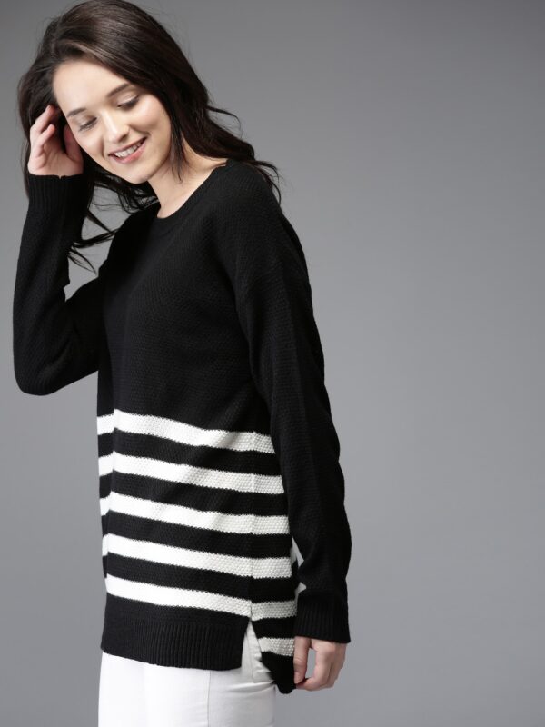 HERENOW Women Black  White Striped Pullover Sweater