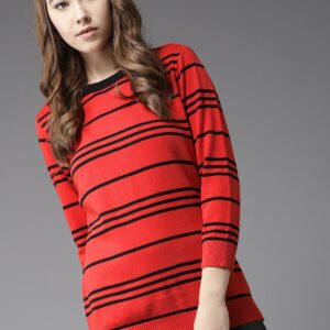 HERENOW Women Red  Black Striped Pullover