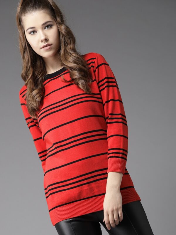 HERENOW Women Red  Black Striped Pullover