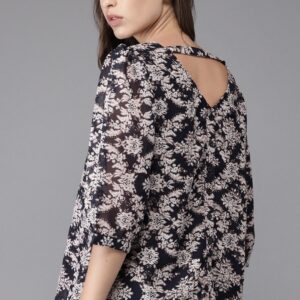 HERENOW Women Navy Blue Printed Styled Back Top