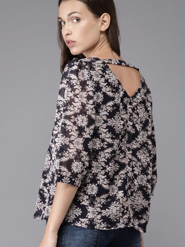 HERENOW Women Navy Blue Printed Styled Back Top