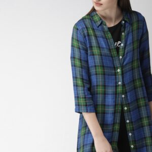 Harvard Women Blue  Green Regular Fit Checked Longline Casual Shirt