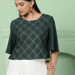 House of Pataudi Women Green Embroidered Boxy Top