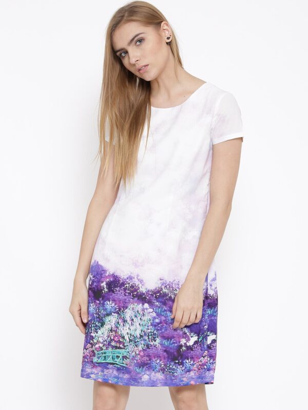 IZABEL LONDON by Pantaloons Women Off-White  Purple Printed A-Line Dress