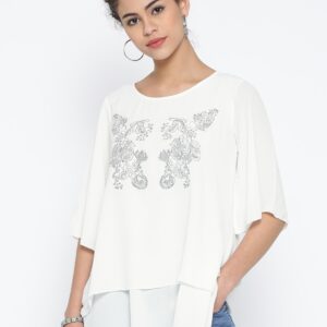 IZABEL LONDON by Pantaloons Women White Embroidemasterokred Boxy Top