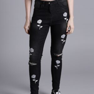 Kook N Keech Women Black Embroidered Skinny Fit Mid-Rise Slash Knee Stretchable Jeans