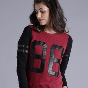 Kook N Keech Women Maroon  Black Colourblocked Pullover Sweatshirt