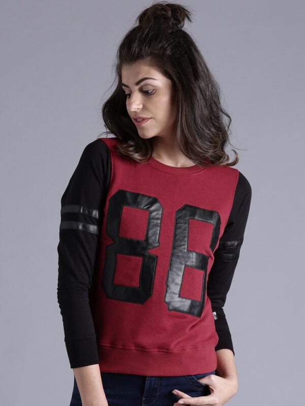 Kook N Keech Women Maroon  Black Colourblocked Pullover Sweatshirt