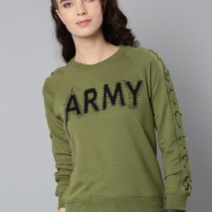 Kook N Keech Women Olive Green Embroidered Sweatshirt