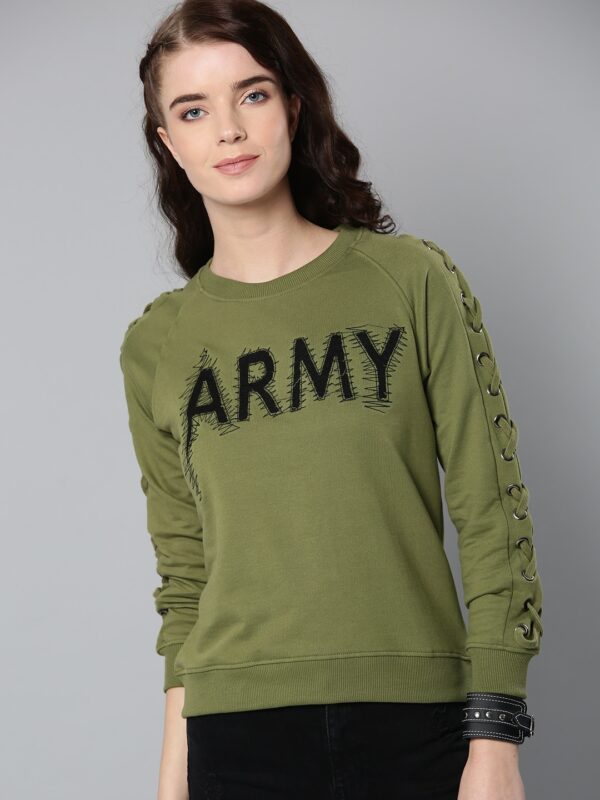 Kook N Keech Women Olive Green Embroidered Sweatshirt