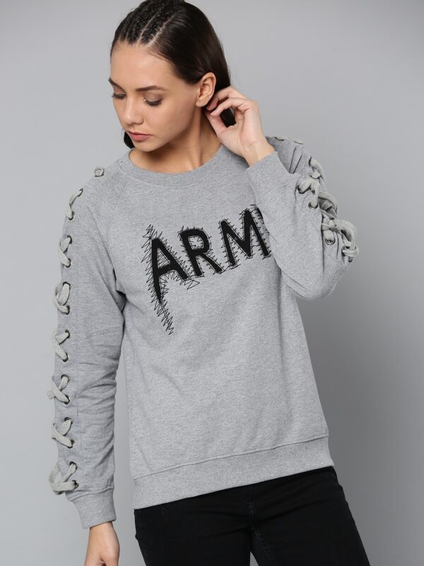 Kook N Keech Women Grey Melange Embroidered Sweatshirt