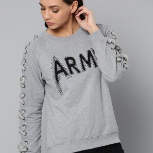 Kook N Keech Women Grey Melange Embroidered Sweatshirt