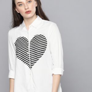 Kook N Keech Women White  Black Regular Fit Printed Casual Shirt