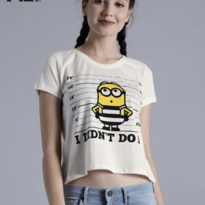 Minions by Kook N Keech Women Off-White Printed Round Neck Crop T-shirt