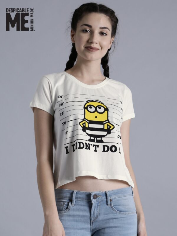 Minions by Kook N Keech Women Off-White Printed Round Neck Crop T-shirt