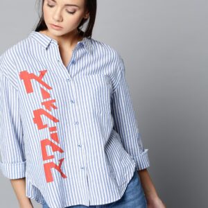 Kook N Keech Star Wars Women White  Blue Printed Striped Casual Shirt