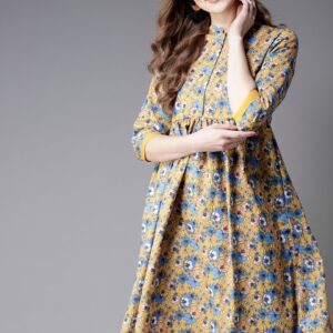 Moda Rapido Women Mustard Yellow  Blue Printed Empire Dress