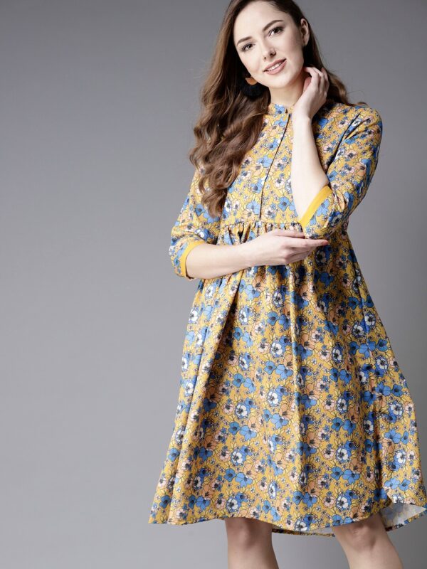 Moda Rapido Women Mustard Yellow  Blue Printed Empire Dress