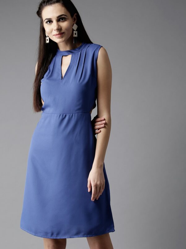 Moda Rapido Women Blue Solid Cut-Out Detail A-Line Dress