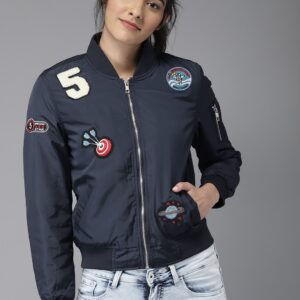 Moda Rapido Women Navy Blue Solid Bomber