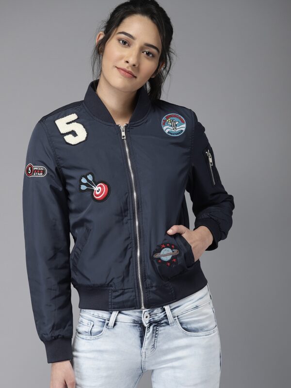 Moda Rapido Women Navy Blue Solid Bomber