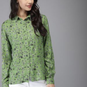 Moda Rapido Women Olive Green Regular Fit Printed Casual Shirt