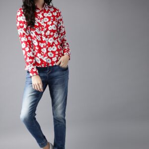 Moda Rapido Women Red  White Regular Fit Printed Casual Shirt