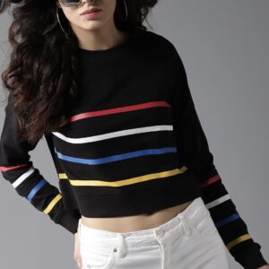 Moda Rapido Women Black Striped Cropped Sweatshirt