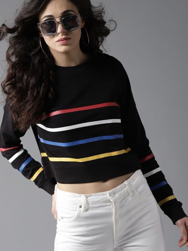 Moda Rapido Women Black Striped Cropped Sweatshirt