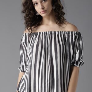 Moda Rapido Women Charcoal Grey  White Striped Bardot Top