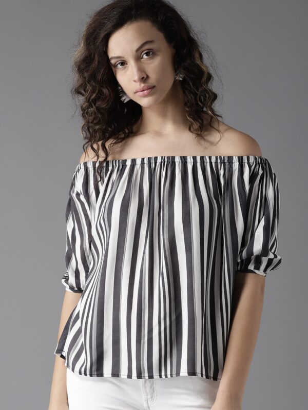 Moda Rapido Women Charcoal Grey  White Striped Bardot Top