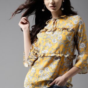 Moda Rapido Women Mustard Yellow  White Printed A-Line Top