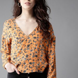 Moda Rapido Women Orange  Black Printed Wrap Top