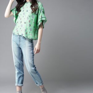 Moda Rapido Women Sea Green Printed Boxy Top