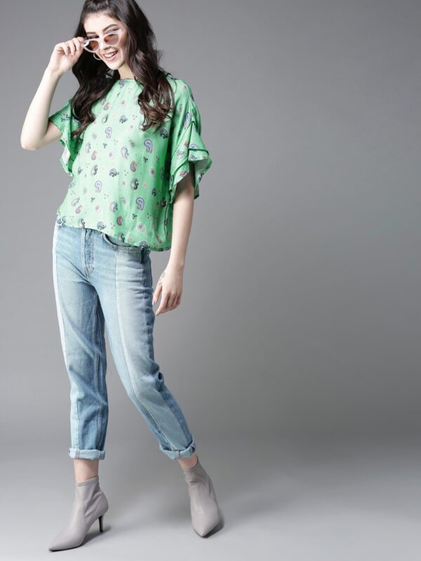 Moda Rapido Women Sea Green Printed Boxy Top